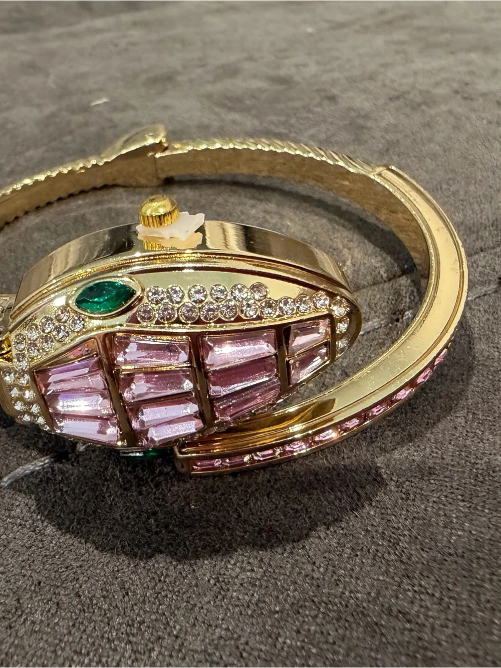 Gold-Plated Snake Cuff Bracelet Watch with Pink and Green Sones